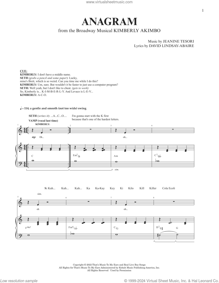 Anagram (from Kimberly Akimbo) sheet music for voice and piano by Jeanine Tesori, David Lindsay-Abaire and David Lindsay-Abaire and Jeanine Tesori, intermediate skill level