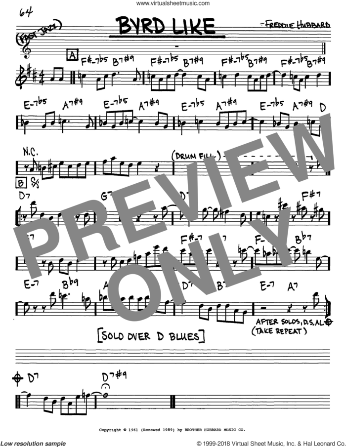 Byrd Like sheet music for voice and other instruments (in Eb) by Freddie Hubbard, intermediate skill level