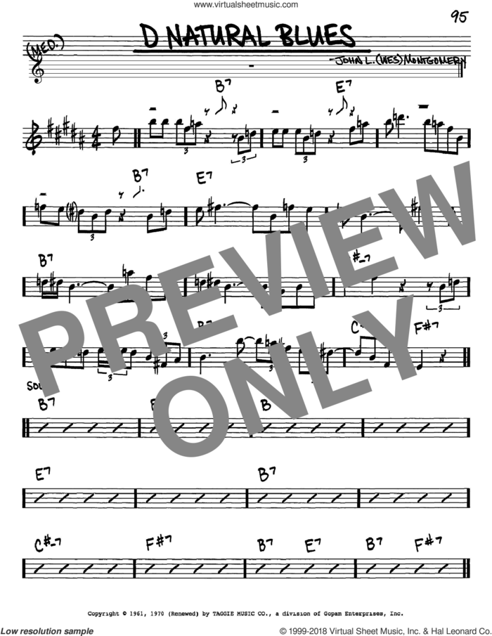 D Natural Blues sheet music for voice and other instruments (in Eb) by Wes Montgomery, intermediate skill level