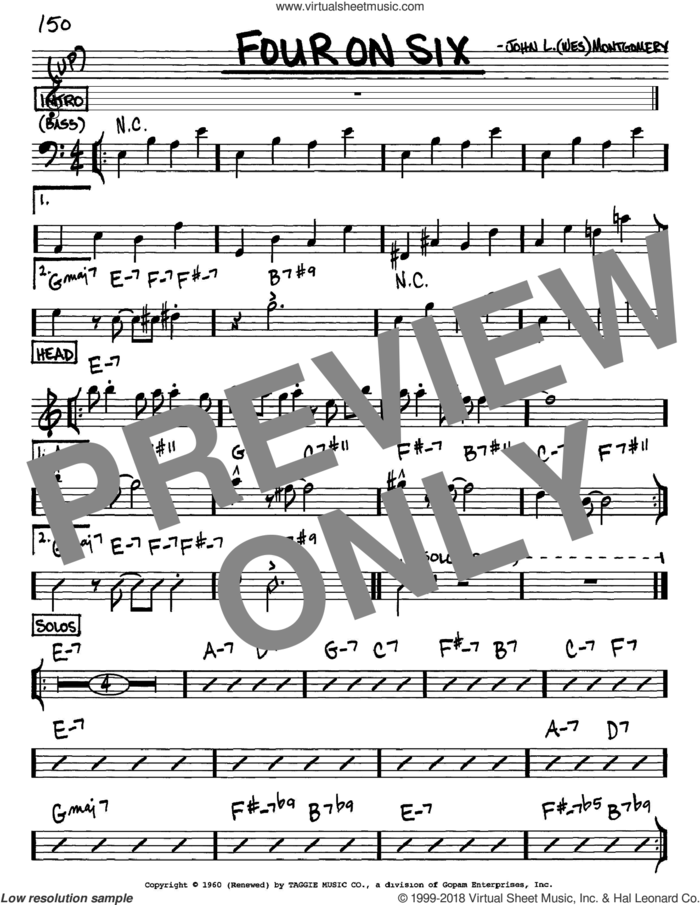Four On Six sheet music for voice and other instruments (in Eb) by Wes Montgomery, intermediate skill level
