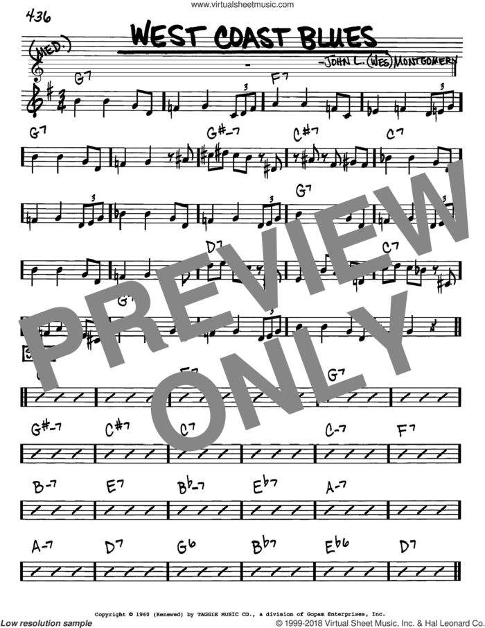 West Coast Blues sheet music for voice and other instruments (in Eb) by Wes Montgomery and Sascha Burland, intermediate skill level