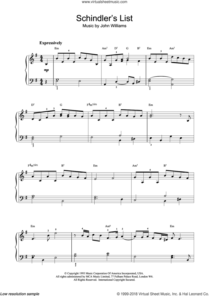 Schindler's List sheet music for piano solo (beginners) by John Williams, beginner piano (beginners)