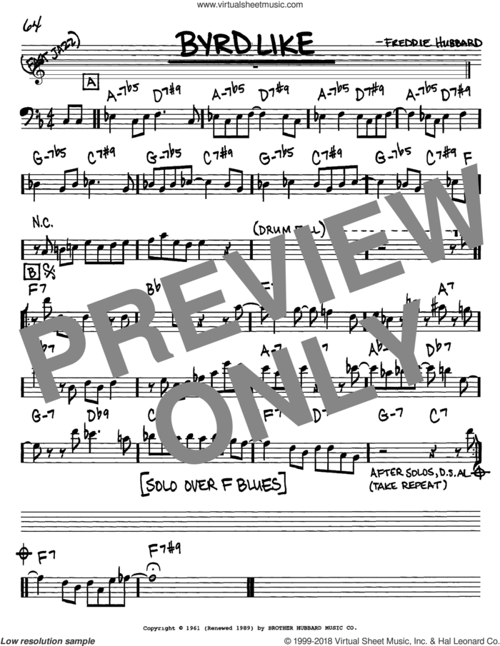 Byrd Like sheet music for voice and other instruments (bass clef) by Freddie Hubbard, intermediate skill level