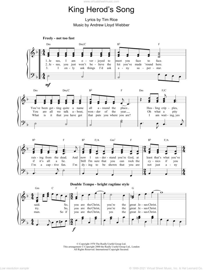 King Herod's Song sheet music for piano solo by Andrew Lloyd Webber, Jesus Christ Superstar (Musical) and Tim Rice, easy skill level