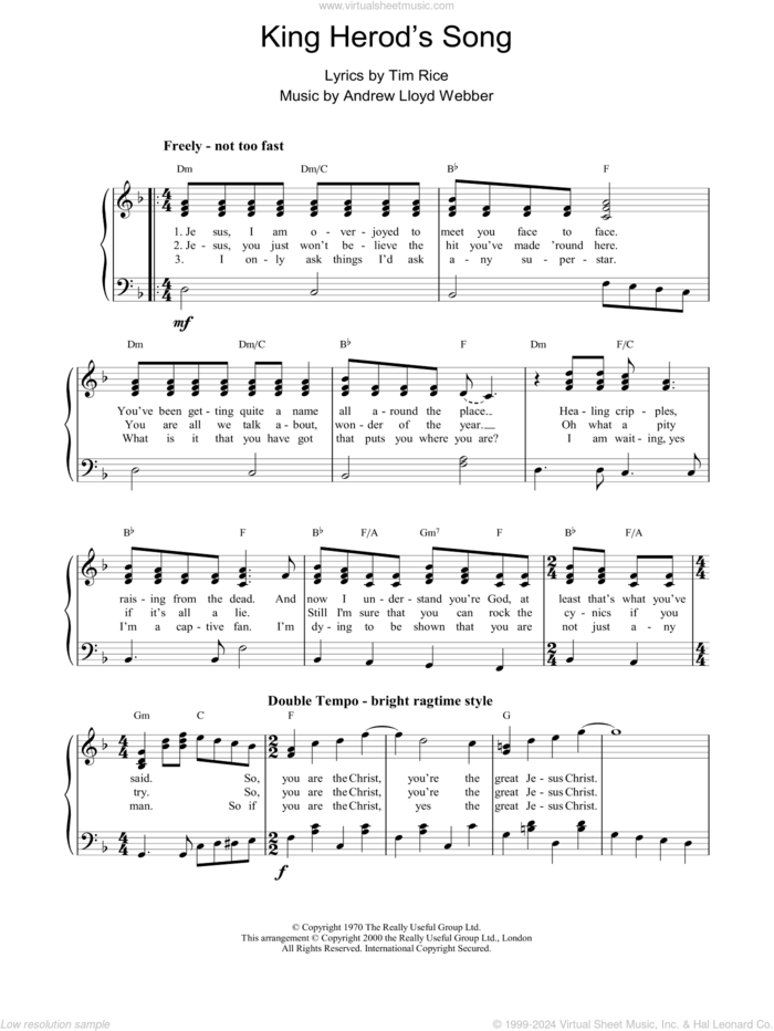 King Herod's Song sheet music for piano solo by Andrew Lloyd Webber, Jesus Christ Superstar (Musical) and Tim Rice, easy skill level