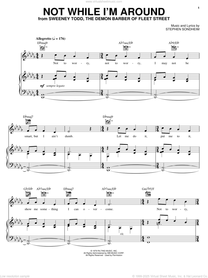 Not While I'm Around sheet music for voice, piano or guitar by Stephen Sondheim and Sweeney Todd (Musical), intermediate skill level