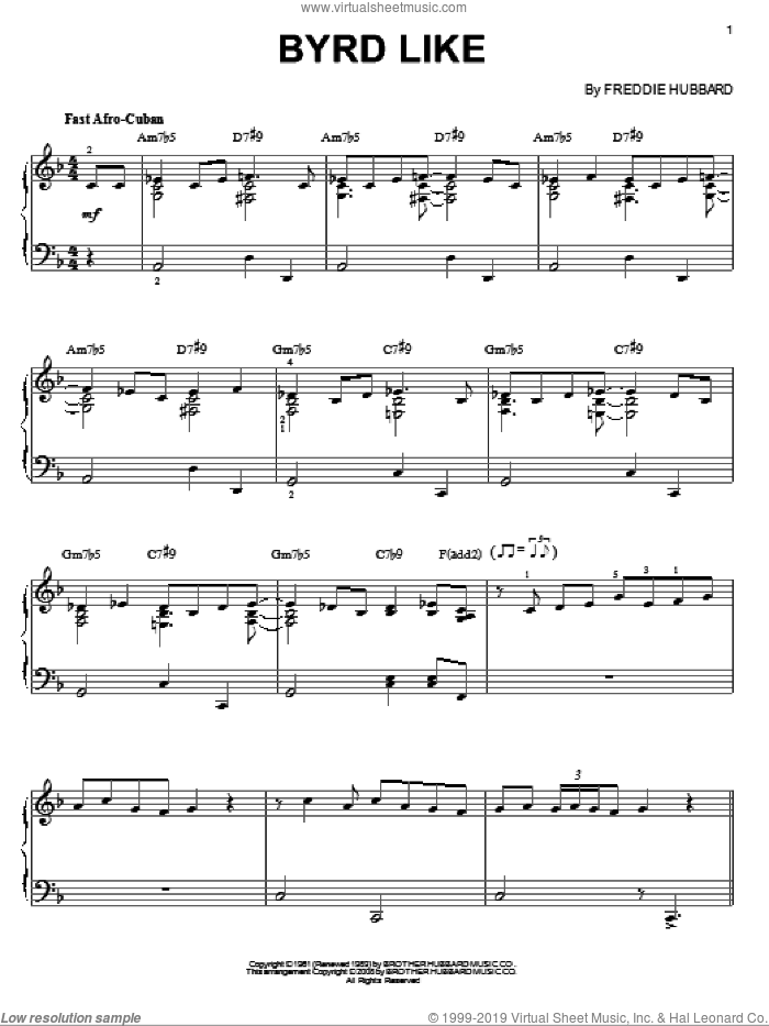 Byrd Like sheet music for piano solo by Freddie Hubbard, intermediate skill level