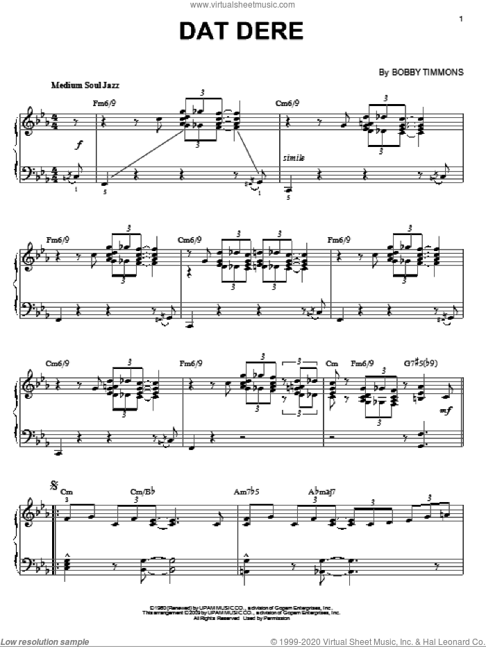 Dat Dere (arr. Brent Edstrom) sheet music for piano solo by Cannonball Adderley, Bobby Timmons and Oscar Brown, Jr., intermediate skill level