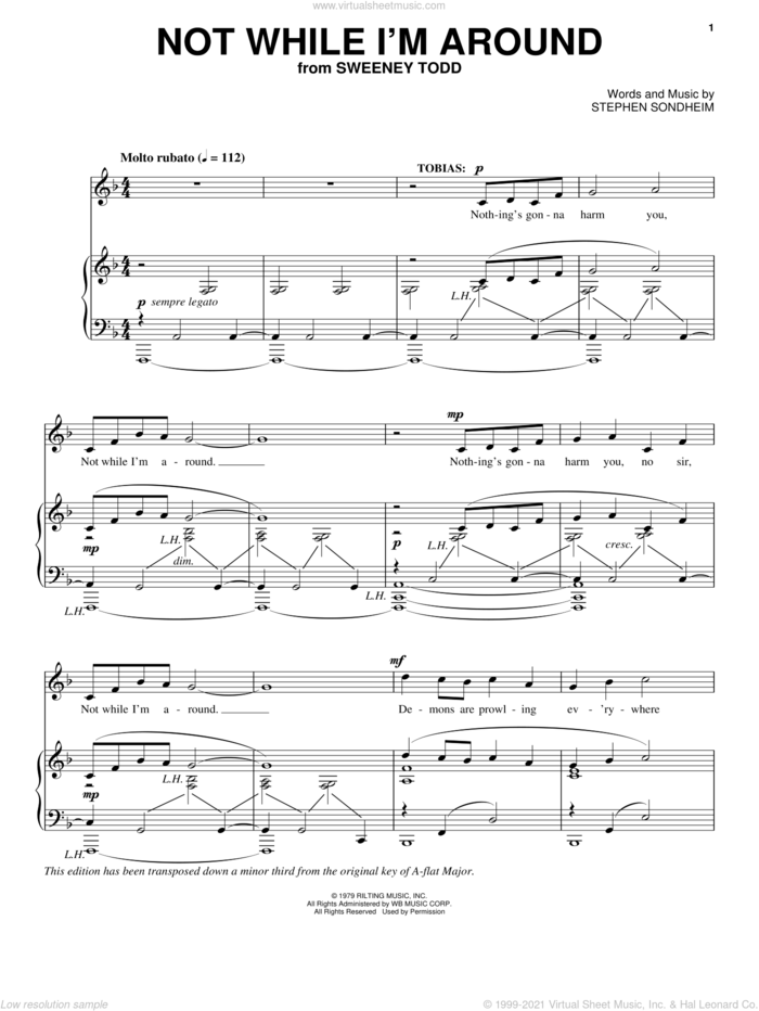 Not While I'm Around sheet music for voice, piano or guitar by Stephen Sondheim and Sweeney Todd (Musical), intermediate skill level