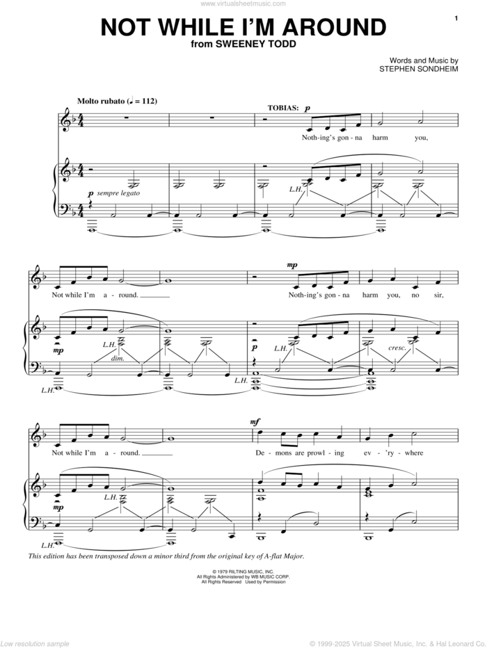 Not While I'm Around sheet music for voice, piano or guitar by Stephen Sondheim and Sweeney Todd (Musical), intermediate skill level