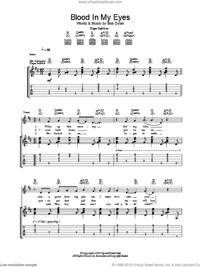 Blood In My Eyes sheet music for guitar (tablature) by Bob Dylan, intermediate skill level