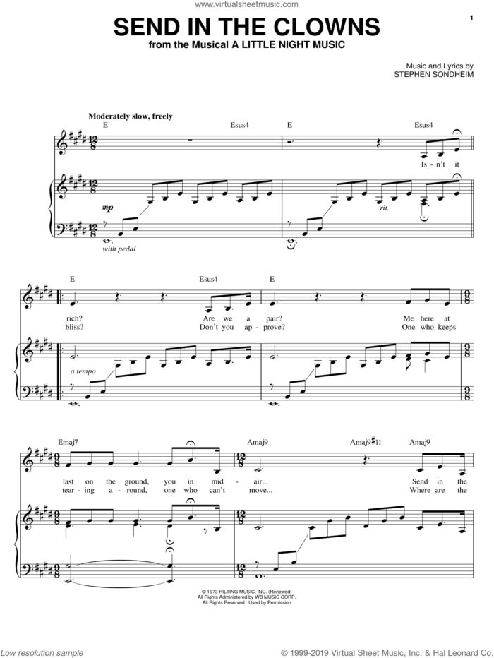 Send In The Clowns sheet music for voice, piano or guitar by Barbra Streisand, A Little Night Music (Musical) and Stephen Sondheim, intermediate skill level