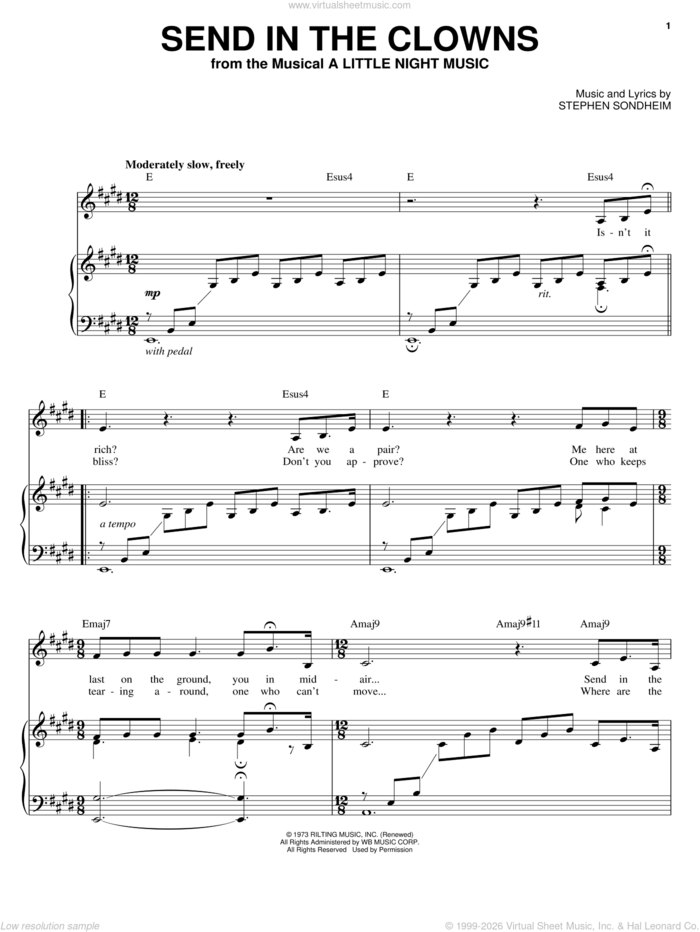 Send In The Clowns (Abridged) sheet music for voice, piano or guitar by Barbra Streisand, A Little Night Music (Musical) and Stephen Sondheim, intermediate skill level
