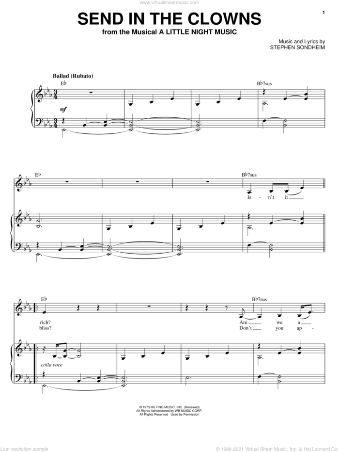Send In The Clowns sheet music for voice and piano by Sarah Vaughan, A Little Night Music (Musical) and Stephen Sondheim, intermediate skill level
