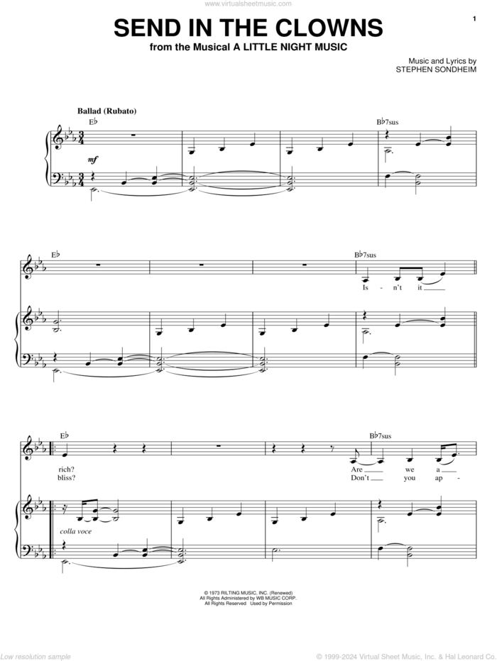 Send In The Clowns sheet music for voice and piano by Sarah Vaughan, A Little Night Music (Musical) and Stephen Sondheim, intermediate skill level