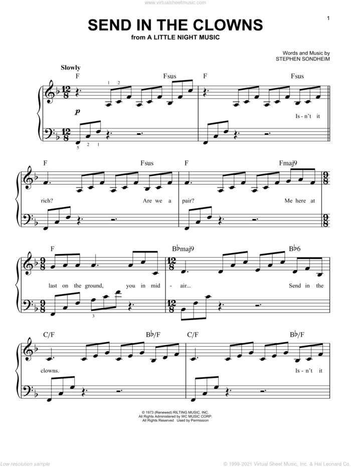 Send In The Clowns sheet music for piano solo by Stephen Sondheim and A Little Night Music (Musical), easy skill level