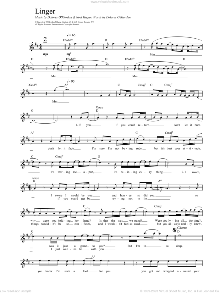 Linger sheet music for voice and other instruments (fake book) by DOLORES O'RIORDAN, The Cranberries and NOEL HOGAN, intermediate skill level