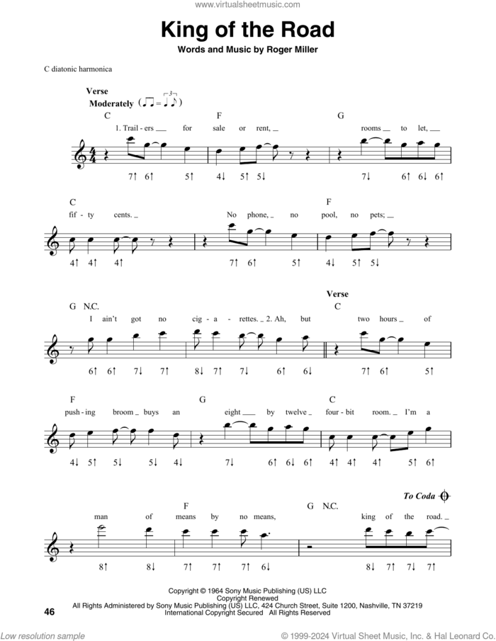 King Of The Road sheet music for harmonica solo by Roger Miller, Eric Plahna, Jim Schustedt, Tad Dreis and Randy Travis, intermediate skill level