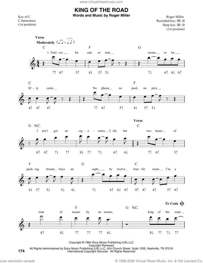 King Of The Road sheet music for harmonica solo by Roger Miller and Randy Travis, intermediate skill level