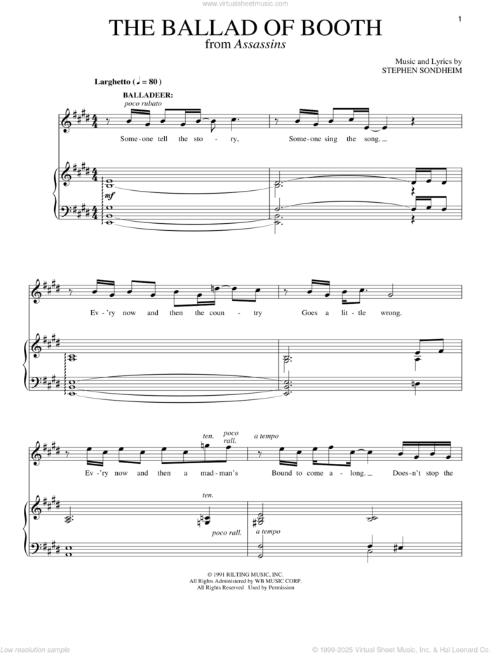 The Ballad Of Booth (Part I) sheet music for voice and piano by Stephen Sondheim and Assassins (Musical), intermediate skill level