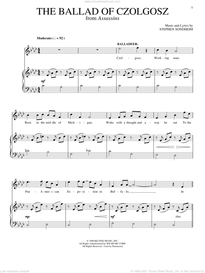 The Ballad Of Czolgosz (Part I) sheet music for voice and piano by Stephen Sondheim and Assassins (Musical), intermediate skill level