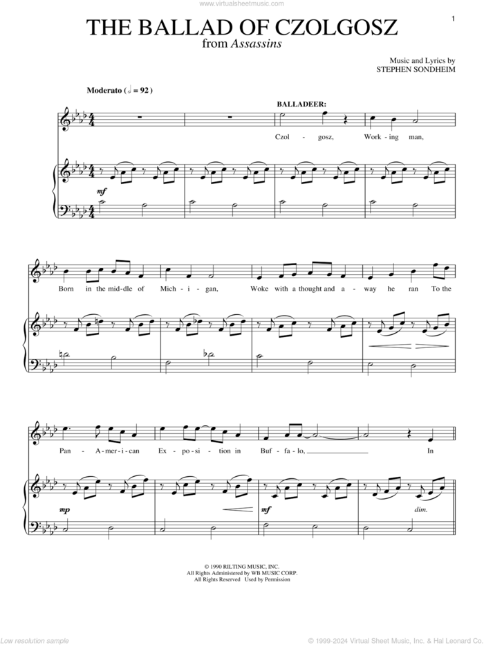 The Ballad Of Czolgosz (Part I) sheet music for voice and piano by Stephen Sondheim and Assassins (Musical), intermediate skill level