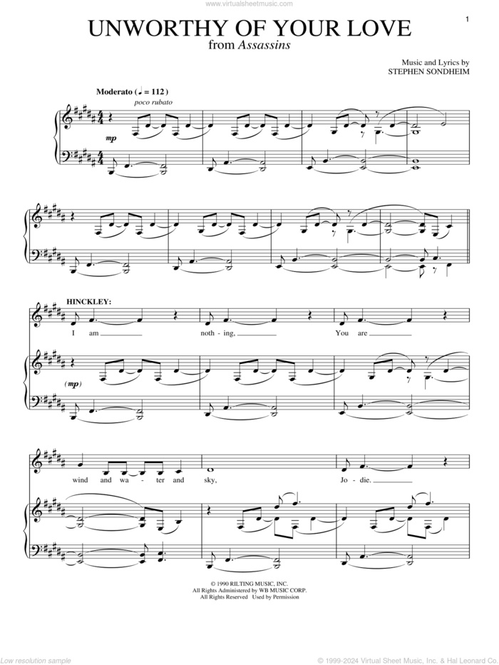 Unworthy Of Your Love sheet music for voice and piano by Stephen Sondheim and Assassins (Musical), intermediate skill level