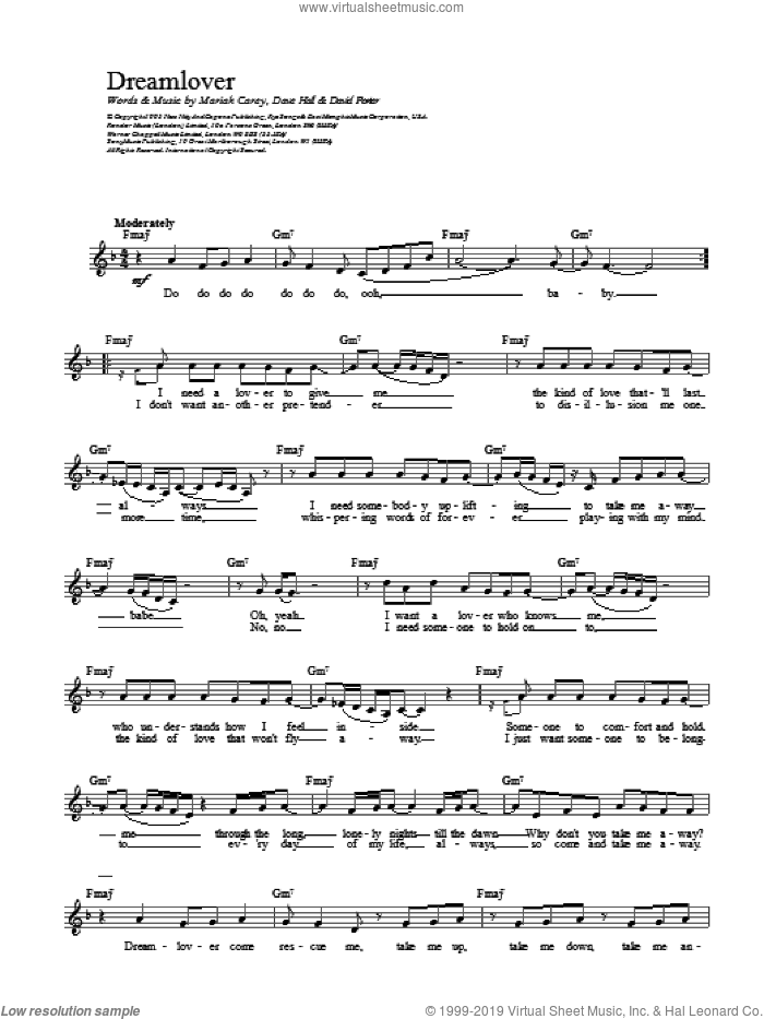 Dream Lover sheet music for voice and other instruments (fake book) by Victor Schertzinger, Mariah Carey and GREY, intermediate skill level