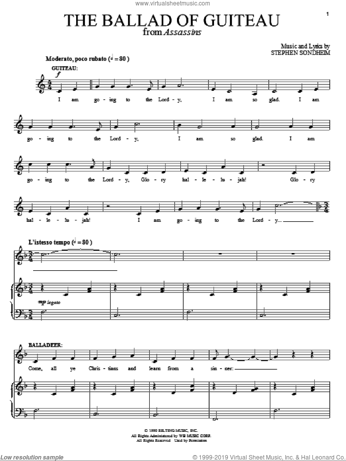 The Ballad Of Guiteau sheet music for voice and piano by Stephen Sondheim and Assassins (Musical), intermediate skill level