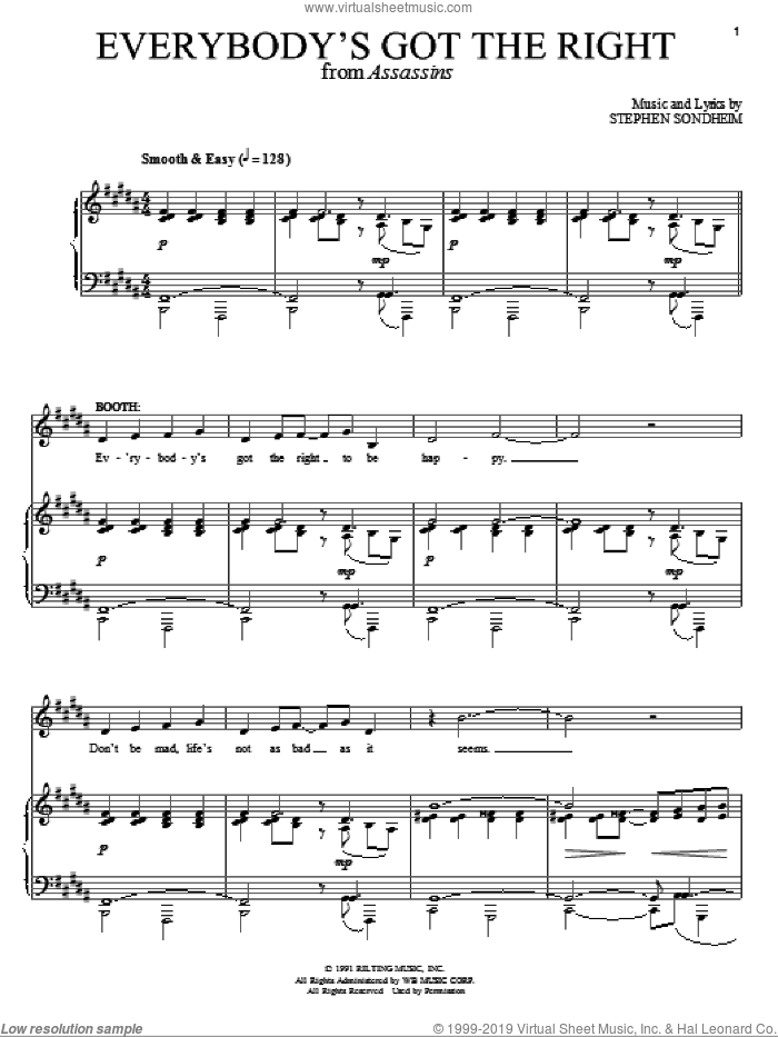Everybody's Got The Right sheet music for voice and piano by Stephen Sondheim and Assassins (Musical), intermediate skill level