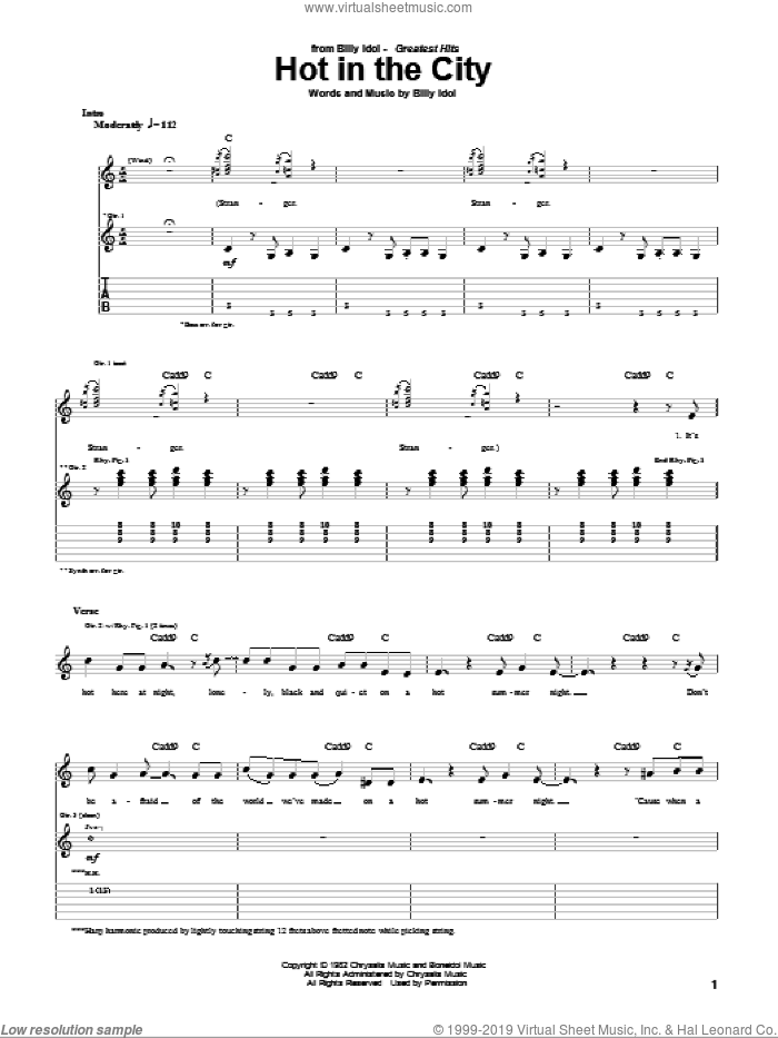 Hot In The City sheet music for guitar (tablature) by Billy Idol, intermediate skill level