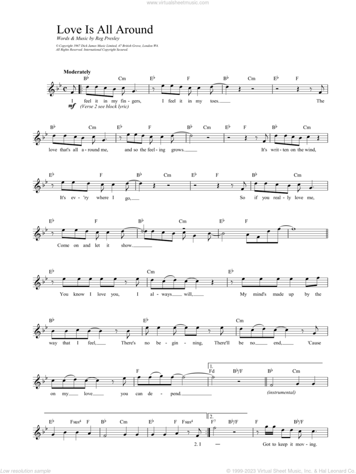 Love Is All Around sheet music for voice and other instruments (fake book) by Wet Wet Wet and Reg Presley, intermediate skill level