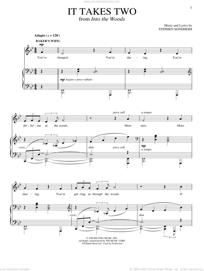 It Takes Two (from Into The Woods) sheet music for two voices and piano by Stephen Sondheim and Into The Woods (Musical), intermediate skill level