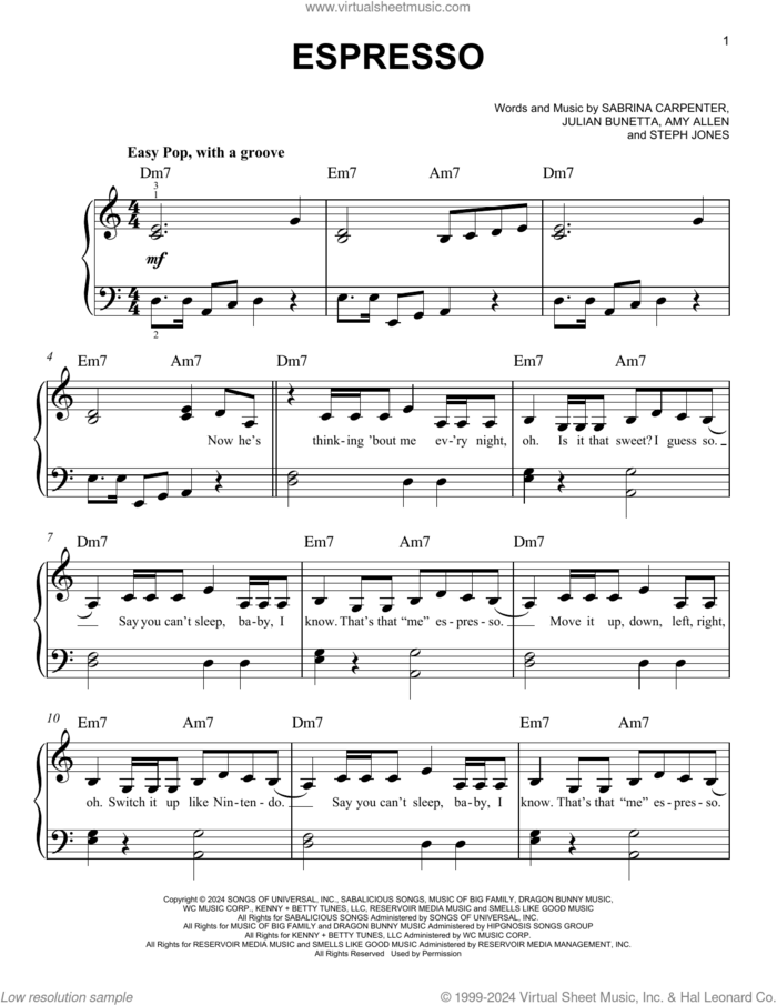 Espresso sheet music for piano solo by Sabrina Carpenter, Amy Allen, Julian Bunetta and Stephenie Jones, easy skill level