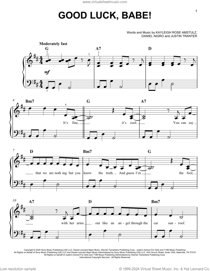 Good Luck, Babe! sheet music for piano solo by Chappell Roan, Daniel Nigro, Justin Tranter and Kayleigh Rose Amstutz, easy skill level