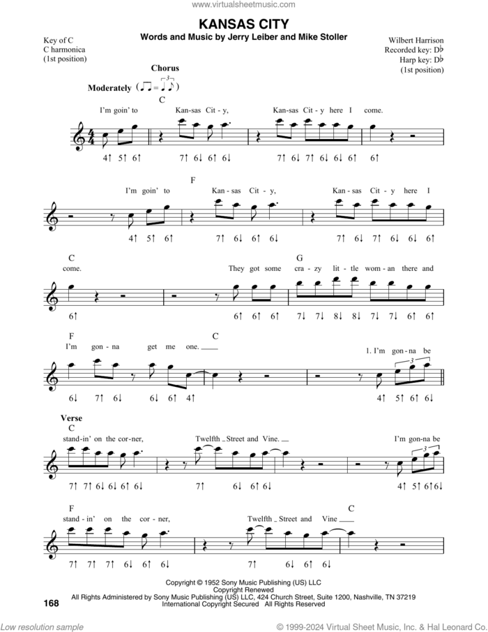 Kansas City sheet music for harmonica solo by The Beatles, Wilbert Harrison, Jerry Leiber and Mike Stoller, intermediate skill level