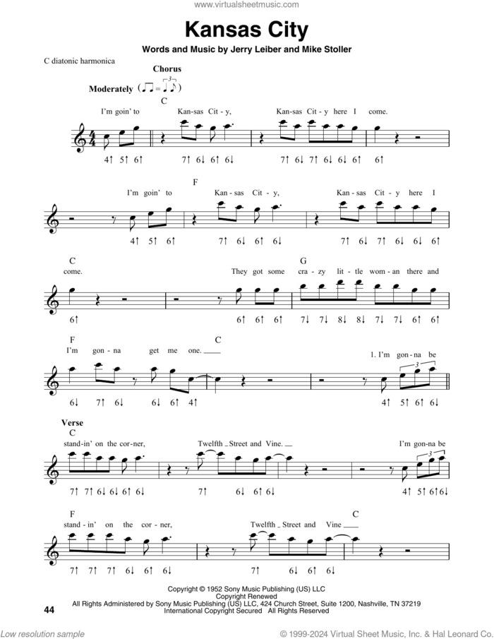 Kansas City sheet music for harmonica solo by The Beatles, Eric Plahna, Jim Schustedt, Tad Dreis, Wilbert Harrison, Jerry Leiber and Mike Stoller, intermediate skill level