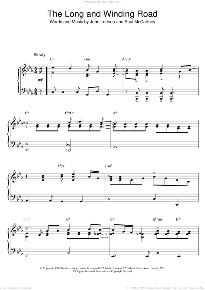The Long And Winding Road sheet music for piano solo by Paul McCartney, The Beatles and John Lemmon, intermediate skill level