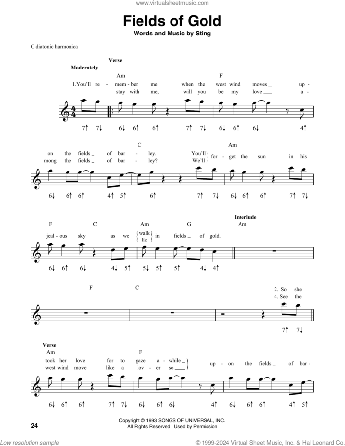 Fields Of Gold sheet music for harmonica solo by Sting, Eric Plahna, Jim Schustedt and Tad Dreis, intermediate skill level