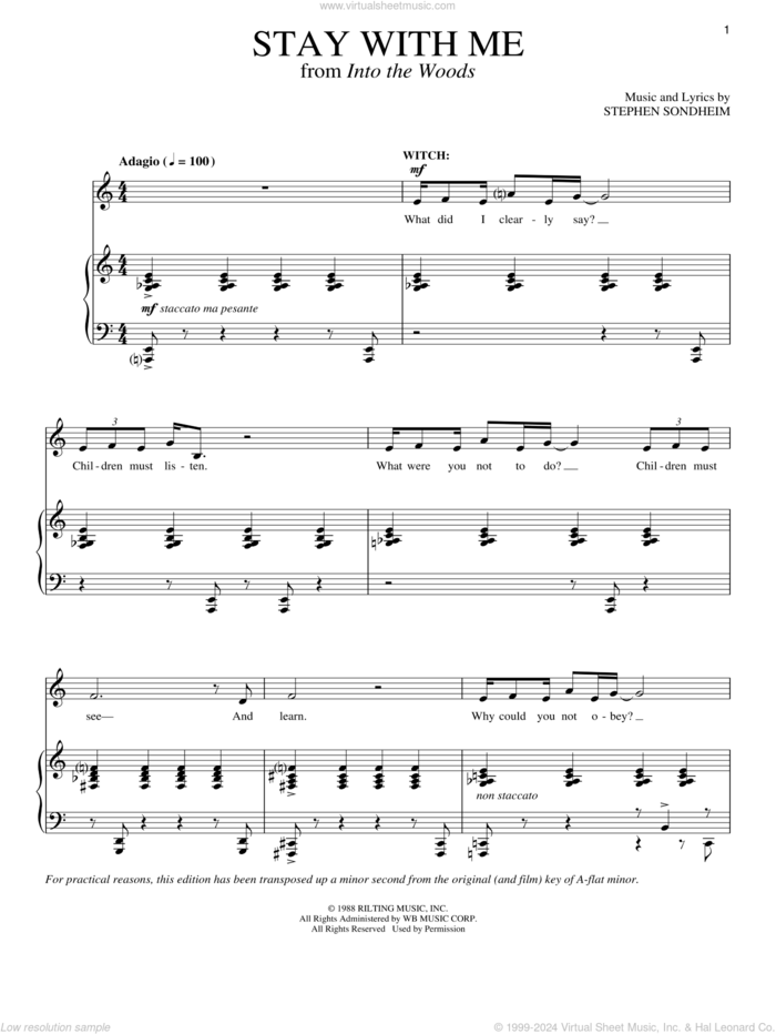 Stay With Me (from Into The Woods) sheet music for voice and piano by Stephen Sondheim and Into The Woods (Musical), intermediate skill level