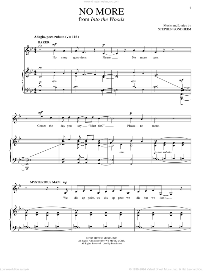 No More (from Into The Woods) sheet music for voice and piano by Stephen Sondheim and Into The Woods (Musical), intermediate skill level