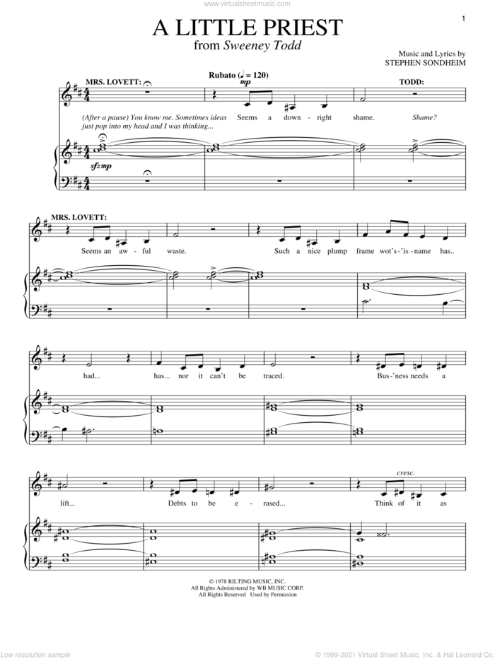 A Little Priest (from Sweeney Todd) sheet music for voice and piano by Stephen Sondheim and Sweeney Todd (Musical), intermediate skill level
