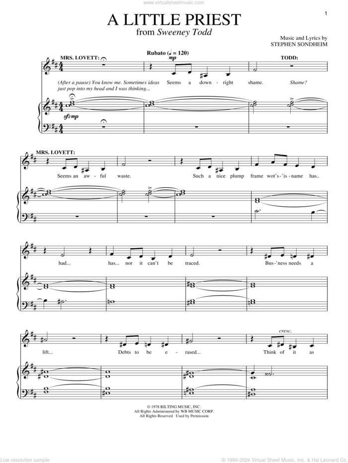 A Little Priest (from Sweeney Todd) sheet music for voice and piano by Stephen Sondheim and Sweeney Todd (Musical), intermediate skill level