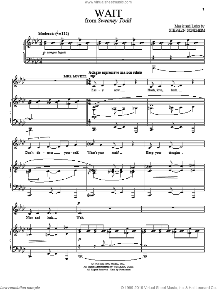 Wait sheet music for voice and piano by Stephen Sondheim and Sweeney Todd (Musical), intermediate skill level