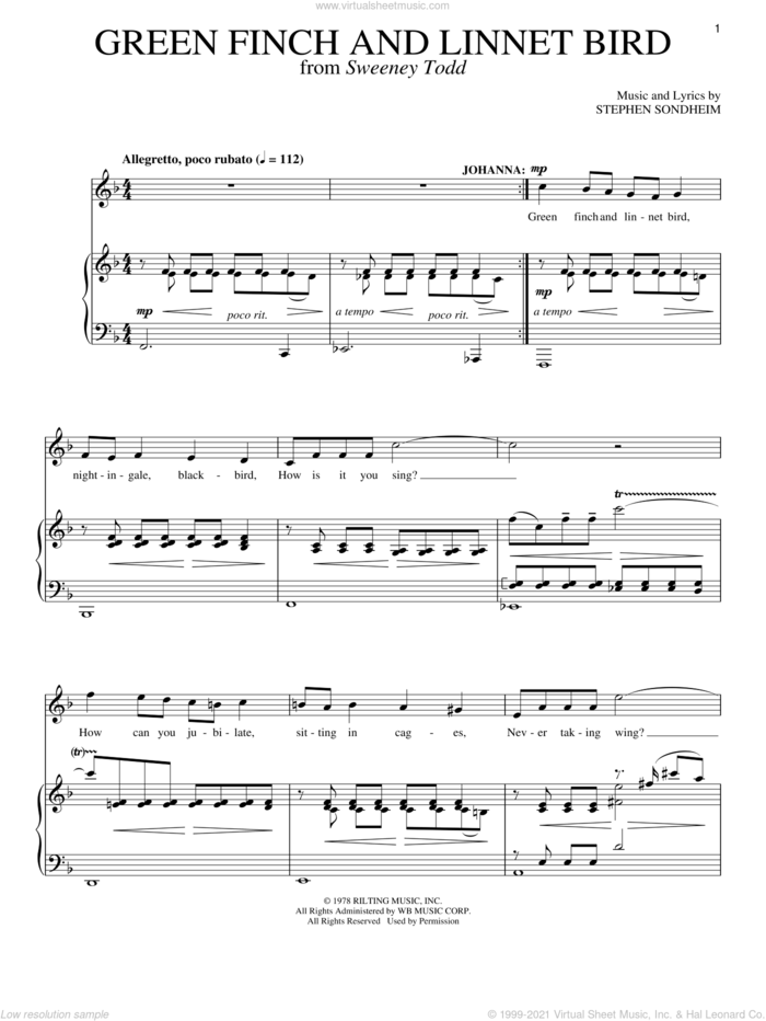 Green Finch And Linnet Bird sheet music for voice and piano by Stephen Sondheim and Sweeney Todd (Musical), intermediate skill level