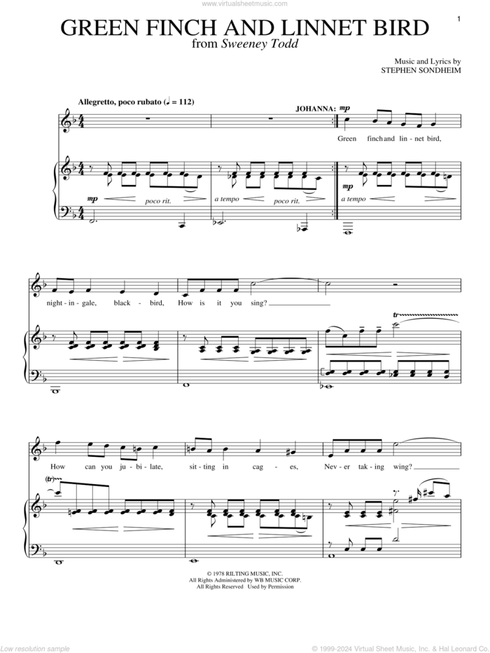 Green Finch And Linnet Bird sheet music for voice and piano by Stephen Sondheim and Sweeney Todd (Musical), intermediate skill level