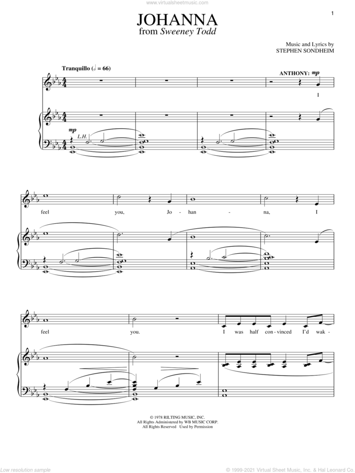 Johanna sheet music for voice and piano by Stephen Sondheim and Sweeney Todd (Musical), intermediate skill level