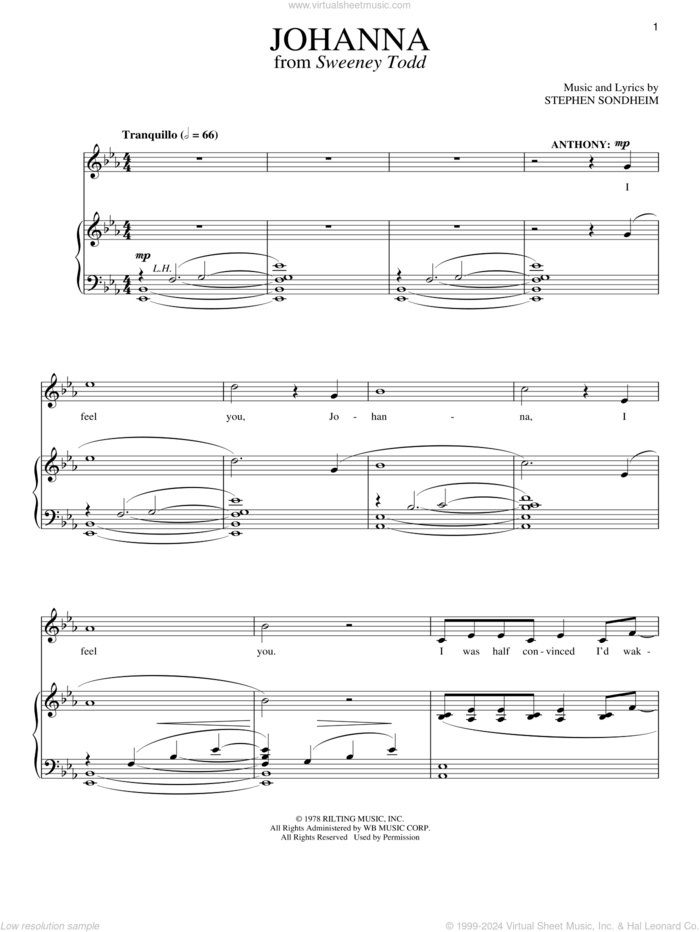 Johanna sheet music for voice and piano by Stephen Sondheim and Sweeney Todd (Musical), intermediate skill level