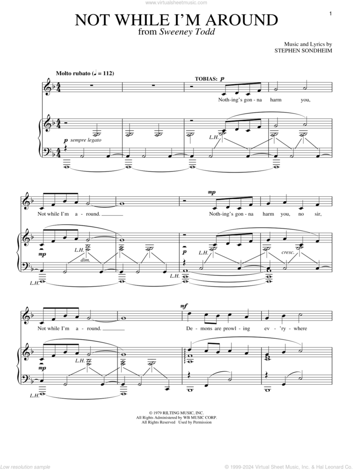 Not While I'm Around sheet music for voice and piano by Stephen Sondheim and Sweeney Todd (Musical), intermediate skill level