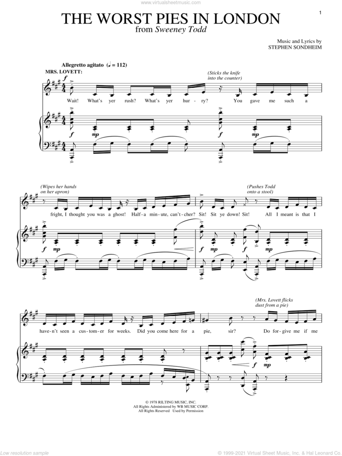 The Worst Pies In London sheet music for voice and piano by Stephen Sondheim and Sweeney Todd (Musical), intermediate skill level